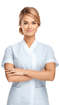 Grey Eyes Young Woman Wearing White Medical Coat and Hand Crossed, Golden Hair Bun. A Fictitious Character Created By . png