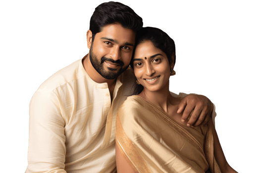 Happy Young Indian Couple Wearing Matching Golden Tradiitonal Attire Saree and Kurta. A Ficitious Character Created By . png