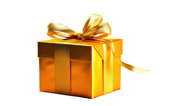 A Beautiful Golden Wrapped Box with Ribbon for Celebrate Happiness, Volunteer Donation. png