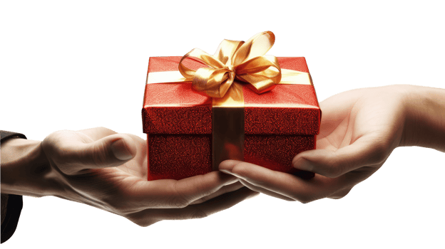 Close up Person Hand to Hand Holding Present a Red Gift Box Wrapped with Golden Ribbon Package in the Palms For Celebrate Happiness, Sacrificing, Volunteer Donation. png