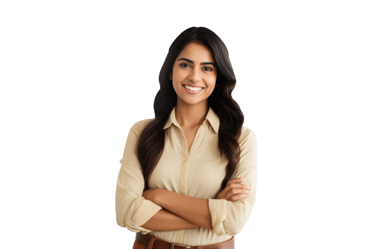 Portrait of Charming Indian Woman with Arm Closed in Beige Shirt. A Fictitious Character Created By . png