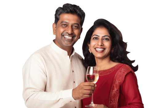 Happy Middle Age Indian Couple Standing to Close and Holding Cocktail Drink Glass. A Fictitious Character Created By . png