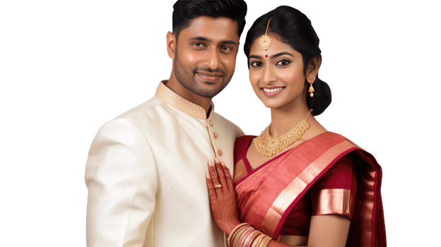 Happy Middle Age Indian Couple Hugging and Standing to Close in Tradiitonal Attire Saree and Kurta. A Fictitious Character Created By . png