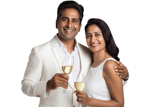 Happy Middle Age Indian Couple Standing to Close and Holding Cocktail Drink Glass. A Fictitious Character Created By . png