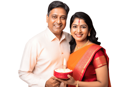 Happy Middle Age Indian Couple Standing to Close and Holding Cake with Burning Candles. A Fictitious Character Created By . png