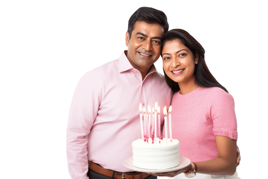 Happy Middle Age Indian Couple Standing to Close and Holding Cake with Burning Candles. A Fictitious Character Created By . png