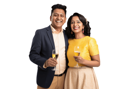 Happy Young Indian Couple Standing to Close and Holding Cocktail Drink Glass. A Fictitious Character Created By . png