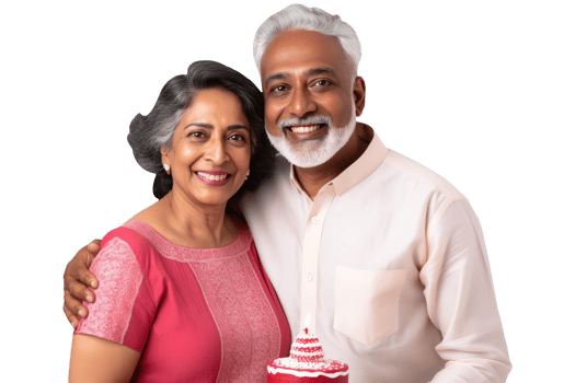 Happy Middle Age Indian Couple Standing to Close and Holding Cake with Burning Candles. A Fictitious Character Created By . png