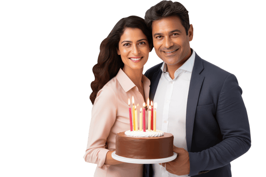 Happy Young Indian Couple Standing to Close and Holding Cake with Burning Candles. A Fictitious Character Created By . png