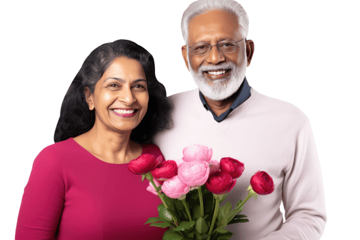 Happy Middle Age Indian Couple Stands to Close with Roses in Modern Attire. A Fictitious Character Created By . png