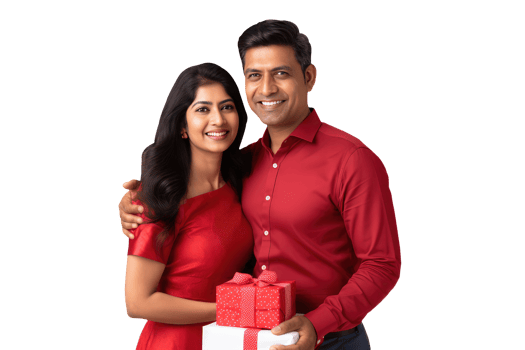 Happy Middle Age Indian Couple Hugging and Stands to Close with Gifts Boxes. A Fictitious Character Created By . png