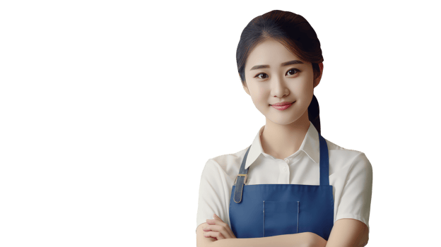 Alluring Asian Woman Crossed Arms in Apron and Shirt. A Ficitious Character Created By . png