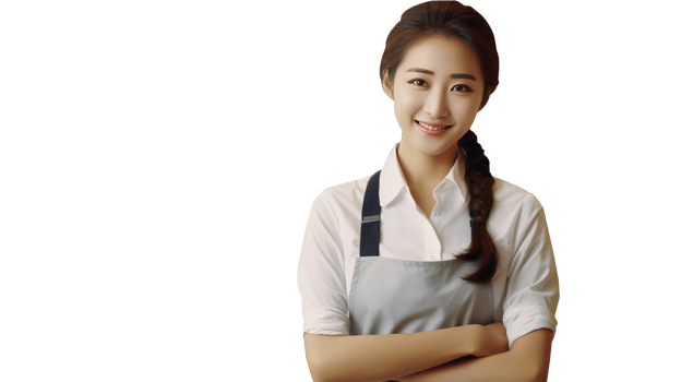 Beautiful Smiling Asian Woman Wearing Apron and Braided Long Hair. A Ficitious Character Created By . png