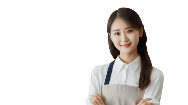 Alluring Asian Woman Crossed Arms in Apron and Shirt. A Ficitious Character Created By . png