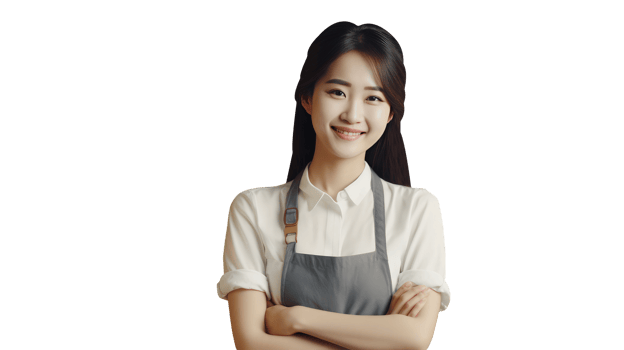 Alluring Asian Woman Crossed Arms in Apron and Shirt. A Ficitious Character Created By . png