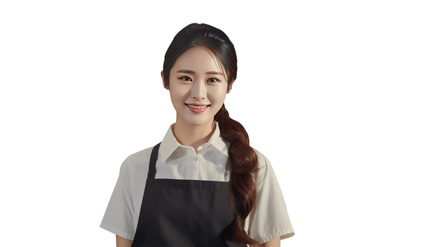 Beautiful Smiling Asian Woman Wearing Apron and Braided Long Hair. A Ficitious Character Created By . png
