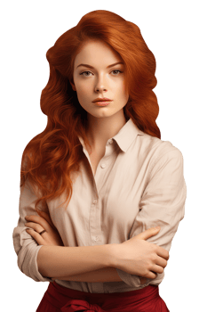 Beautiful Eye Contact Blonde Woman with Reddish Long Hair and Standing Hands Crossed. A Fictitious Beauty Character Created By . png