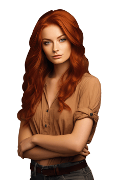 Beautiful Eye Contact Blonde Woman with Reddish Long Hair and Standing Hands Crossed. A Fictitious Beauty Character Created By . png