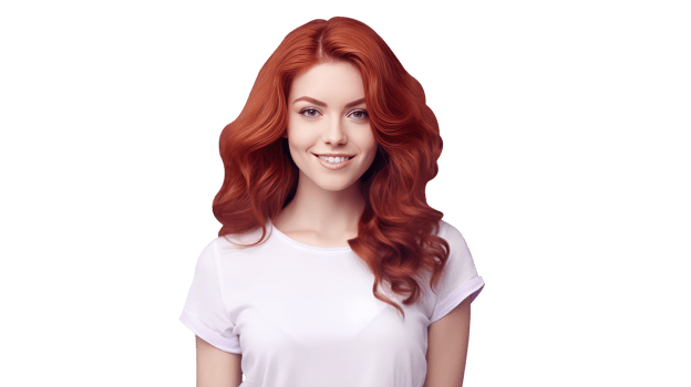 Beautiful Smiling Blonde Woman with Reddish Wavy Hair and Bright Teeth, Grey Eyes. A Fictitious Group Character Created by . png