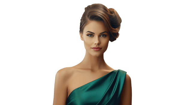 Beautiful Grey Eyes Blonde Young Woman with Golden Hair and Wearing One Side Shoulder Off Green Dress. A Fictitious Character Created By . png
