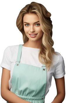 Beautiful Smiling Blonde Woman with Open Golden Hair in Turqoise Apron and White Shirt. A Fictitius Character Created By . png