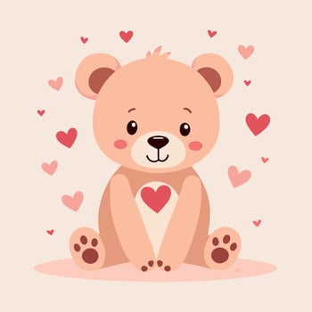 Cute teddy bear with hearts on pastel background, Valentine's Day illustration vector