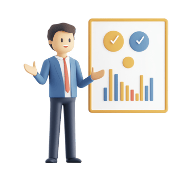 Professional man presenting data and statistics with graphs and checkmarks. png