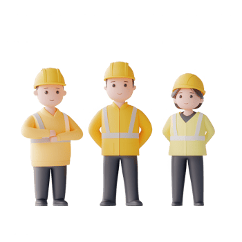 Three cheerful construction workers in helmets and safety vests standing together. png