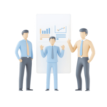 Three people discussing business goals with charts and graphs in the background. png