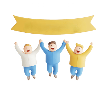 Three cheerful cartoon characters celebrating with raised hands under a banner. png