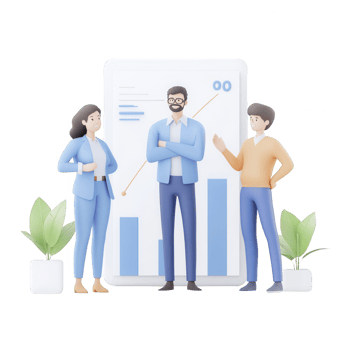 Three colleagues collaborating to analyze data and improve business strategy. png