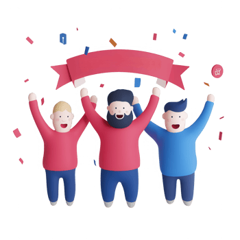 Three cheerful characters celebrating with a festive banner and confetti. png