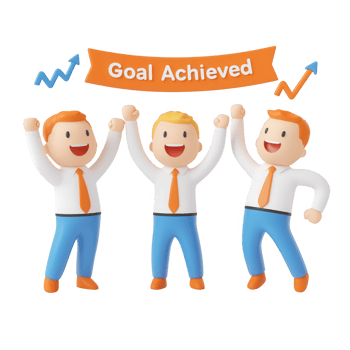 Three cheerful business characters celebrating achieved goals enthusiastically. png