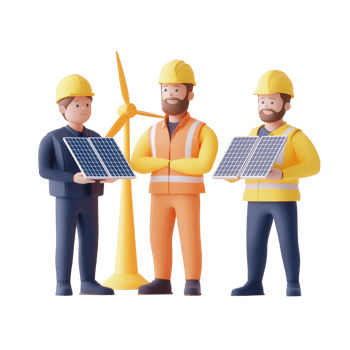 Three engineers with solar panels and wind turbine promoting renewable energy solutions. png