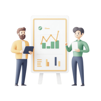 Two professionals analyzing data on a digital display with financial graphs. png