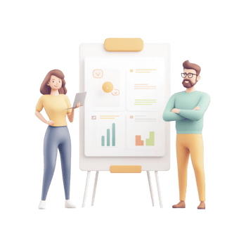 Two professionals presenting data on a whiteboard in a modern office setting. png