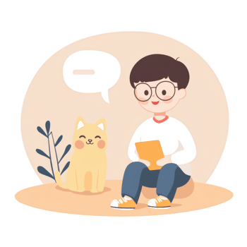 A young person happily reading with their cheerful cat by their side in a cozy setting. png