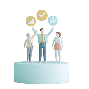 Three figurines celebrating business success with charts and symbols of growth. png