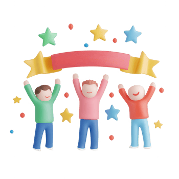 Three joyful characters celebrating under colorful stars and a banner. png