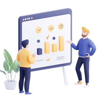 Two men discussing data insights with a presentation screen in a modern office. png