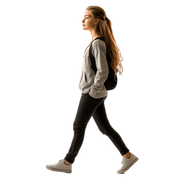 A woman walking in black pants and a grey shirt png