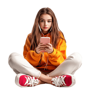 A girl sitting on the floor with headphones and a cell phone png