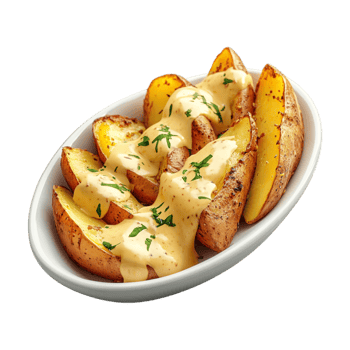 potatoes with gravy and herbs on a plate png