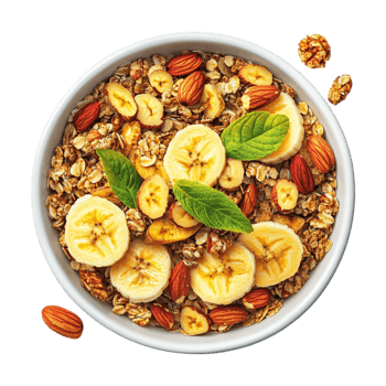 muesli with banana, almonds, nuts and mint leaves on a transparent background png