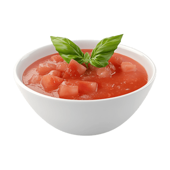 a bowl of tomato soup with basil leaves on top png