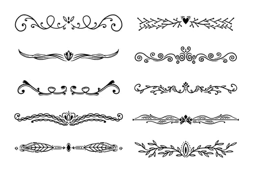 Classic line separators. Flourishes decorative dividers, book embellishment decoration ornaments, vintage text calligraphic boarders. vector