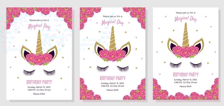 Unicorn set of birthday party invitations, greeting cards. Invitations with unicorn elements and roses. vector