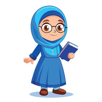 muslim girl in blue hijab holding book and glasses vector