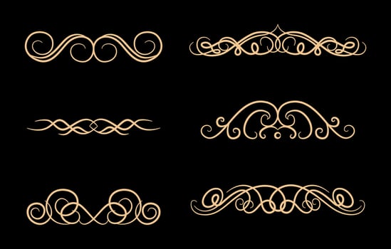 Vintage calligraphic elements. Decorative frames, flourish dividers, borders on gold colour vector