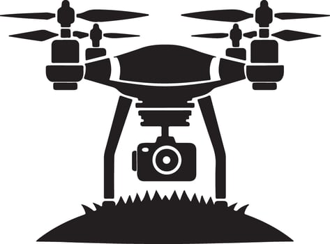 A black and white silhouette of a drone with a camera vector